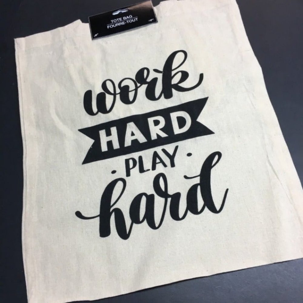 Canvas Tote Bag Work Hard Play Hard Black Reusable Shopping Double Handles
